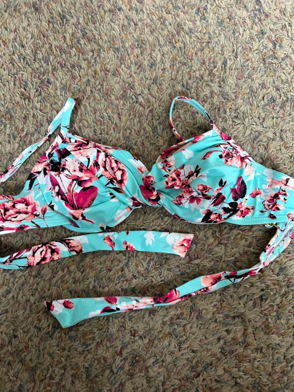 Liz Claiborne Aqua Floral Bikini Top with Pink Flowers